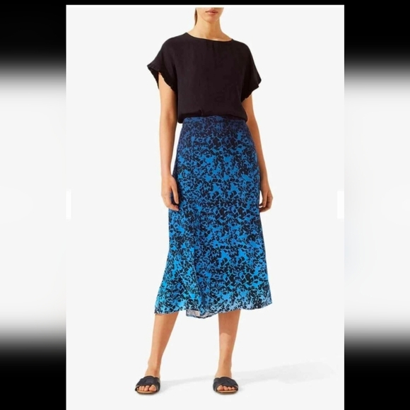 Jigsaw Blue And Black Floral Ombre Skirt Side Slits Midi Lined Size 2 - Picture 1 of 10